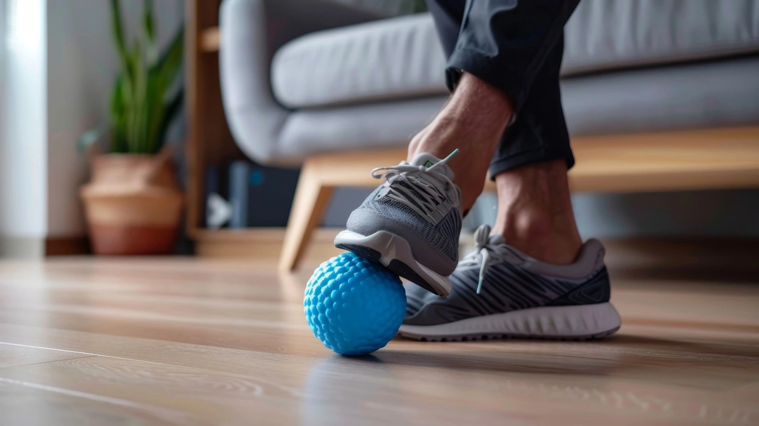 Man using massage ball to alleviate plantar fasciitis discomfort